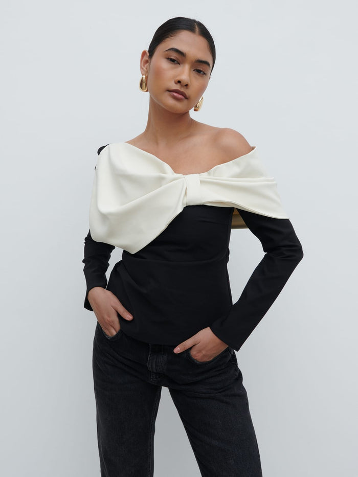 Candy Is 5'6" & Wears Size UK 8|Naomi Exaggerated Bow Top - Black and Cream