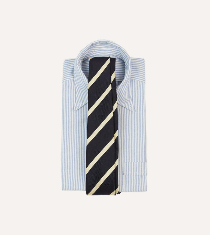Navy and Ecru Herringbone Bar Stripe Mogador Silk Tipped Tie