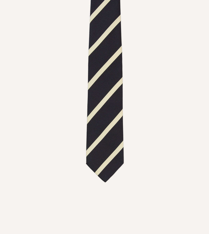 Navy and Ecru Herringbone Bar Stripe Mogador Silk Tipped Tie