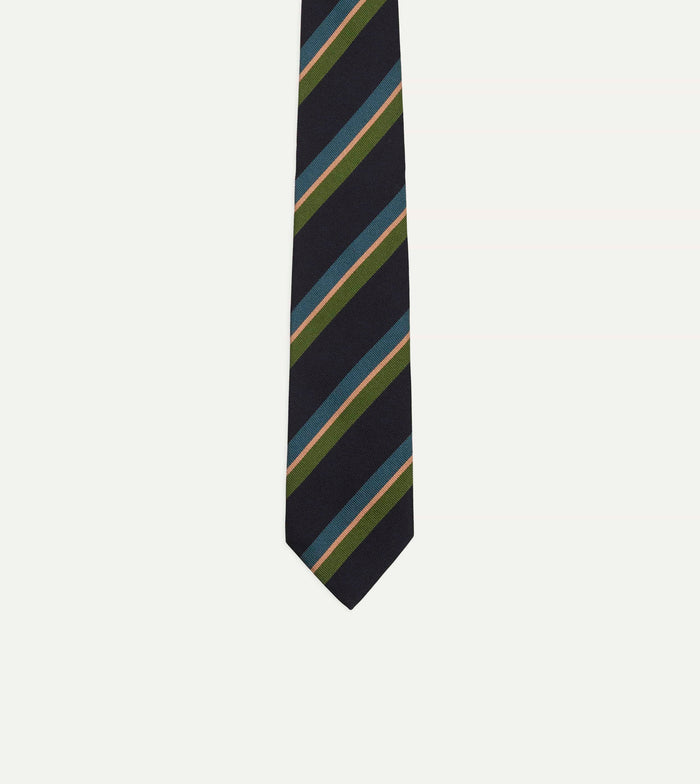 Navy, Green, Blue and Yellow Sandwich Stripe Repp Silk Tipped Tie