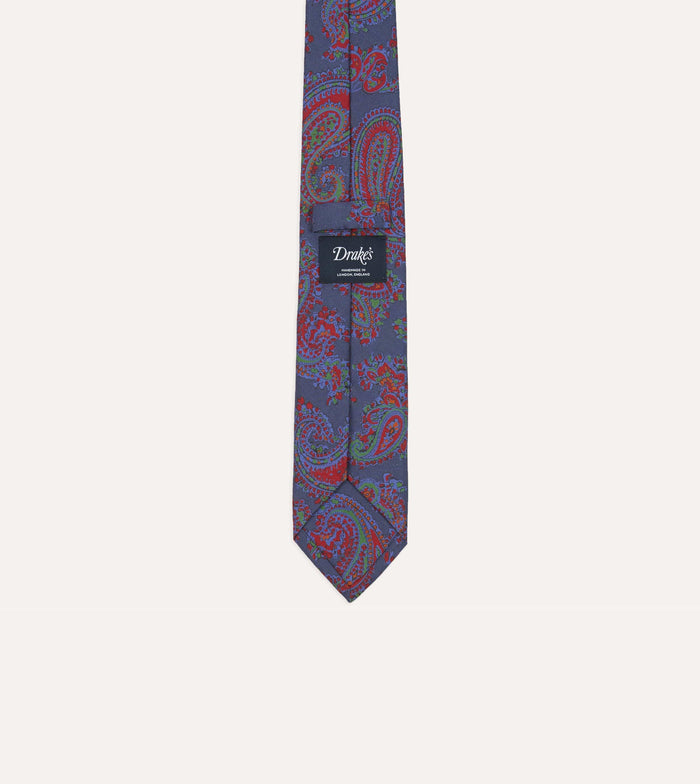 Navy Paisley Print Silk Self Tipped Tie