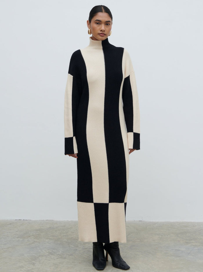 Candy Is 5'6" & Wears Size UK S|Nayah High Funnel Neck Knit Dress - Stripe