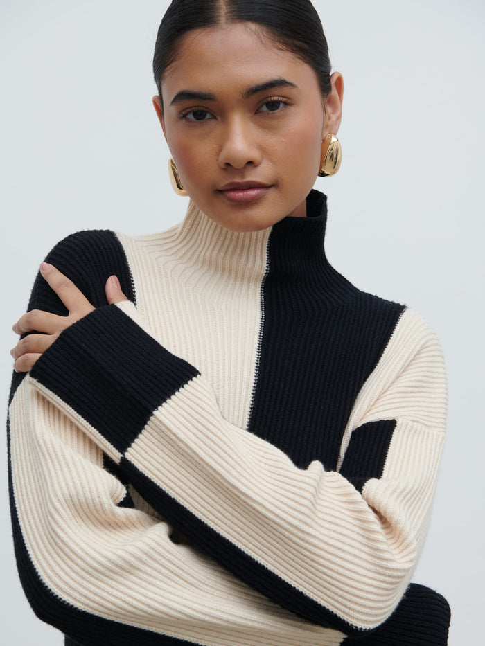 Candy Is 5'6" & Wears Size UK S|Nayah High Funnel Neck Knit Dress - Stripe