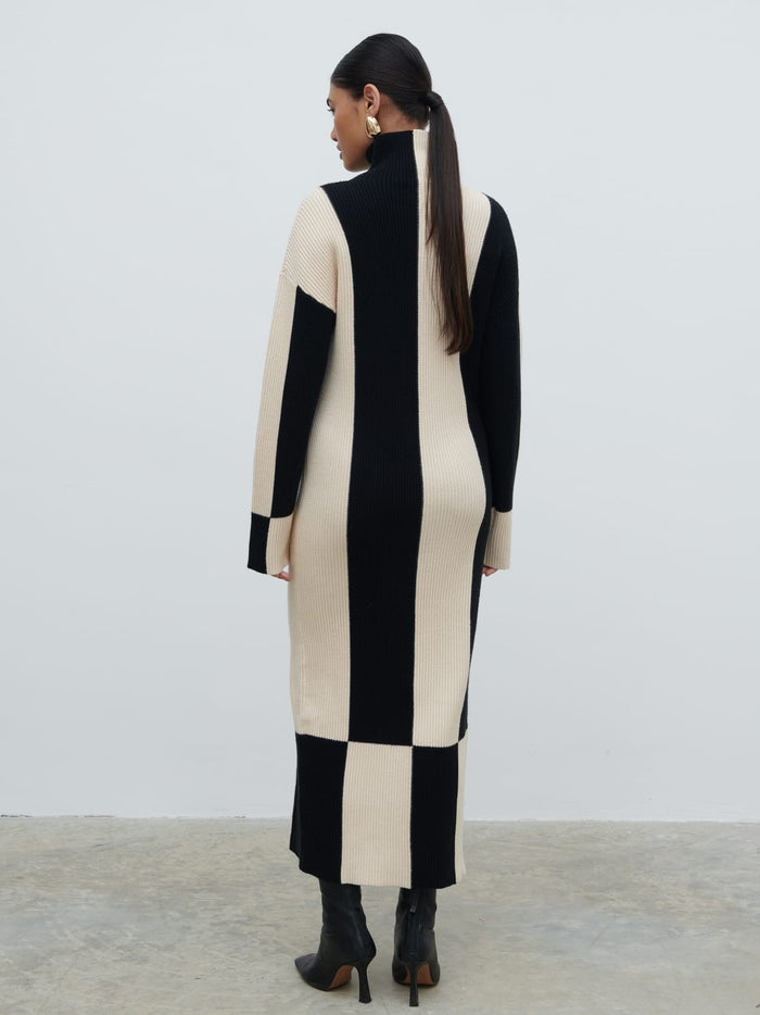 Candy Is 5'6" & Wears Size UK S|Nayah High Funnel Neck Knit Dress - Stripe