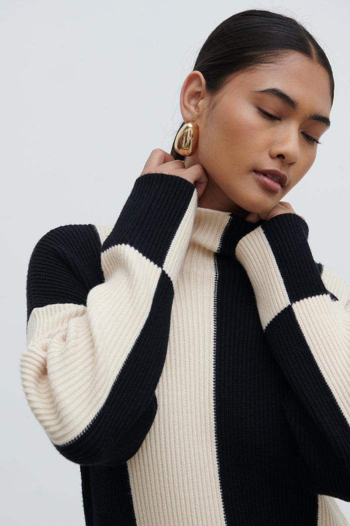 Candy Is 5'6" & Wears Size UK S|Nayah High Funnel Neck Knit Dress - Stripe
