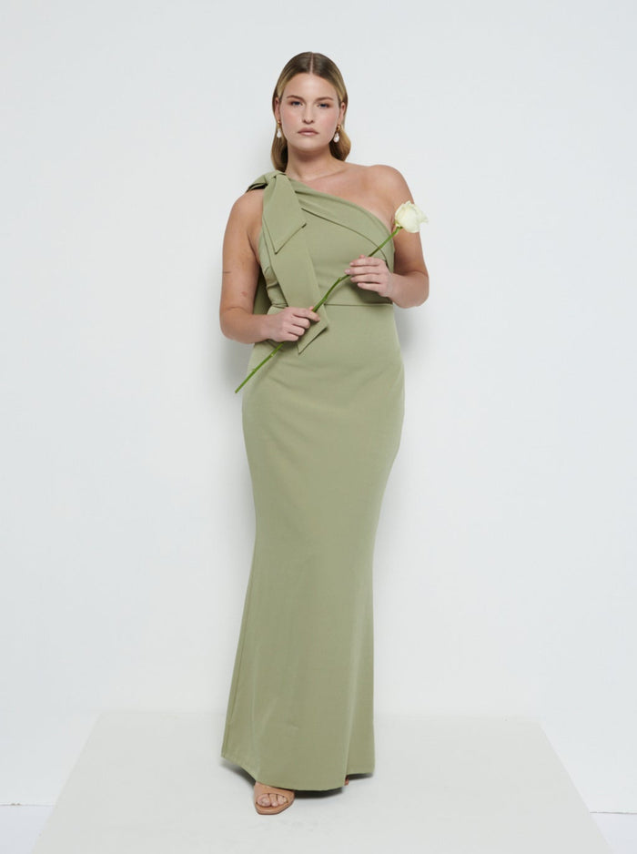 Theo Is 5'8.5" & Wears Size UK 12|Nevaeh One Shoulder Crepe Maxi Bridesmaid Dress - Olive