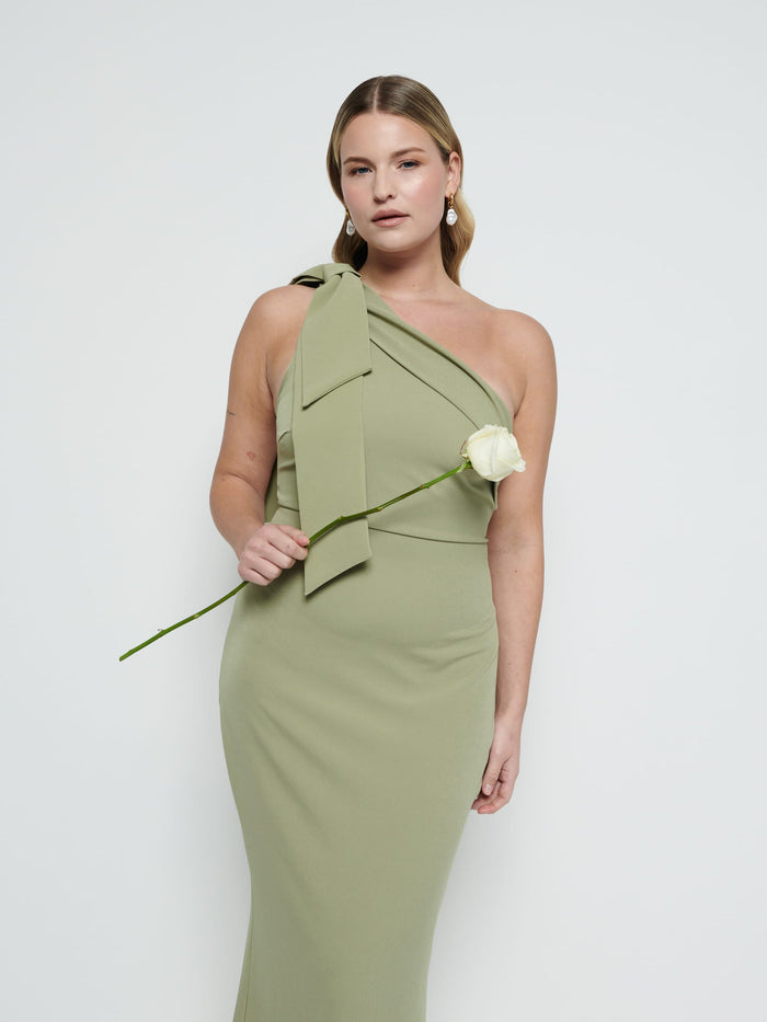Theo Is 5'8.5" & Wears Size UK 12|Nevaeh One Shoulder Crepe Maxi Bridesmaid Dress - Olive