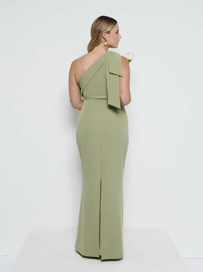 Theo Is 5'8.5" & Wears Size UK 12|Nevaeh One Shoulder Crepe Maxi Bridesmaid Dress - Olive