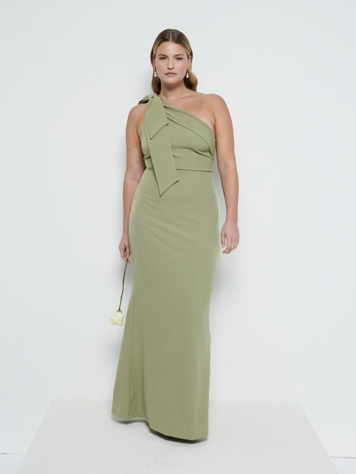 Theo Is 5'8.5" & Wears Size UK 12|Nevaeh One Shoulder Crepe Maxi Bridesmaid Dress - Olive