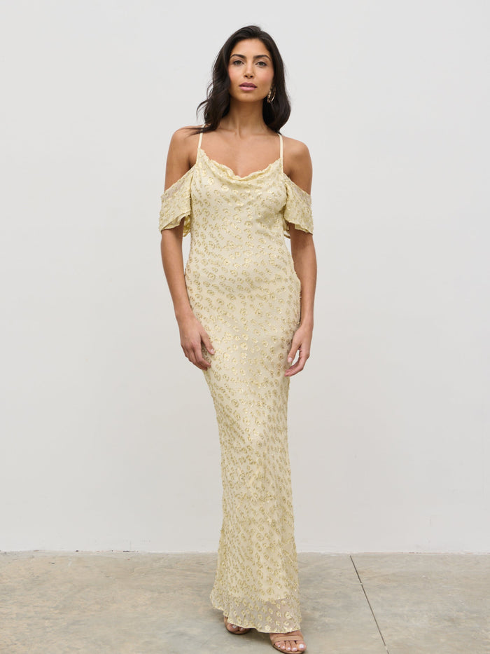 Lygia Is 5'9" & Wears Size UK 8|Nia Cold Shoulder Maxi Dress - Lemon