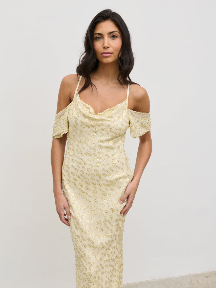 Lygia Is 5'9" & Wears Size UK 8|Nia Cold Shoulder Maxi Dress - Lemon