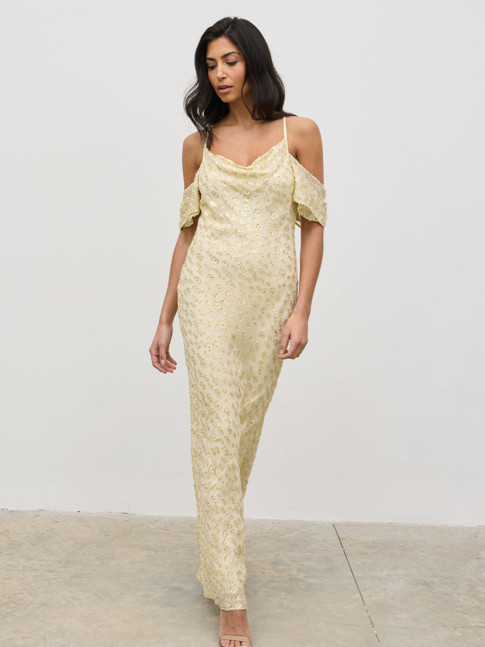 Lygia Is 5'9" & Wears Size UK 8|Nia Cold Shoulder Maxi Dress - Lemon