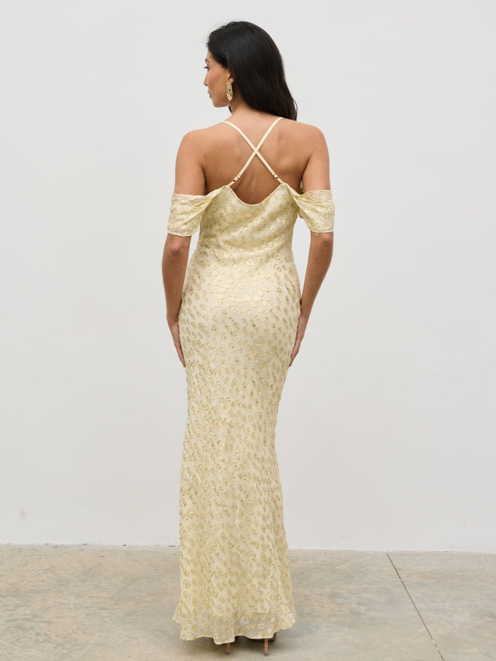 Lygia Is 5'9" & Wears Size UK 8|Nia Cold Shoulder Maxi Dress - Lemon