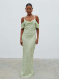 Elle Is 5'3" & Wears Size UK 6|Nia Draped Cold Shoulder Maxi Dress - Pistachio Metallic