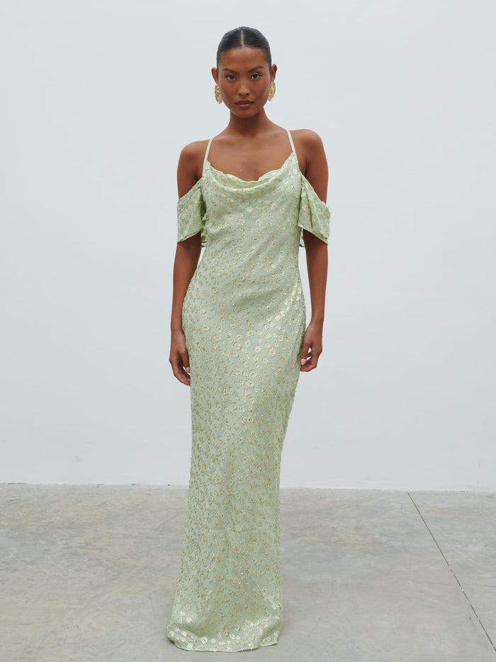 Elle Is 5'3" & Wears Size UK 6|Nia Draped Cold Shoulder Maxi Dress - Pistachio Metallic