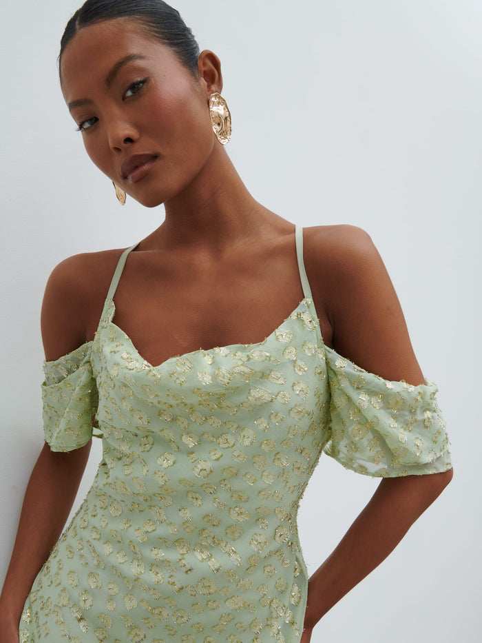 Elle Is 5'3" & Wears Size UK 6|Nia Draped Cold Shoulder Maxi Dress - Pistachio Metallic