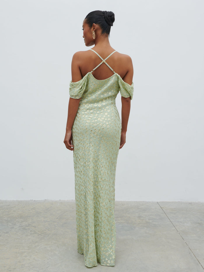 Elle Is 5'3" & Wears Size UK 6|Nia Draped Cold Shoulder Maxi Dress - Pistachio Metallic