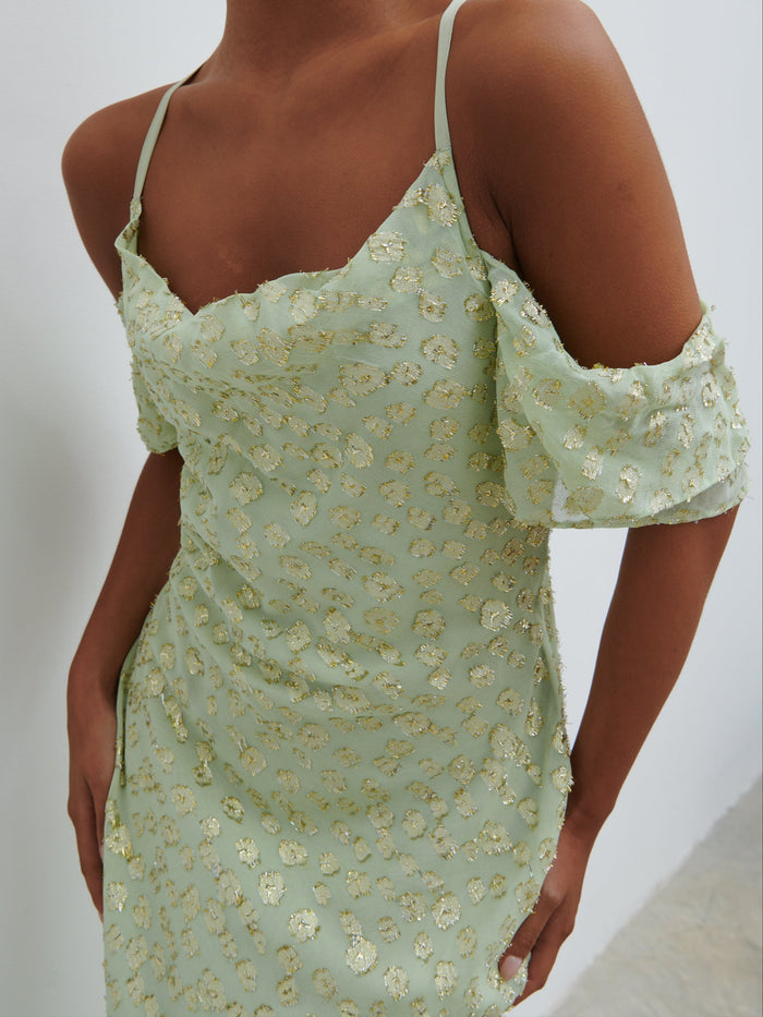 Elle Is 5'3" & Wears Size UK 6|Nia Draped Cold Shoulder Maxi Dress - Pistachio Metallic