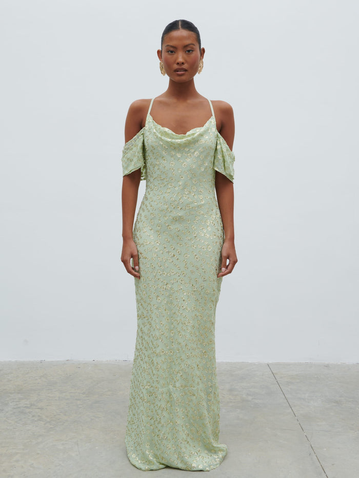 Elle Is 5'3" & Wears Size UK 6|Nia Draped Cold Shoulder Maxi Dress - Pistachio Metallic