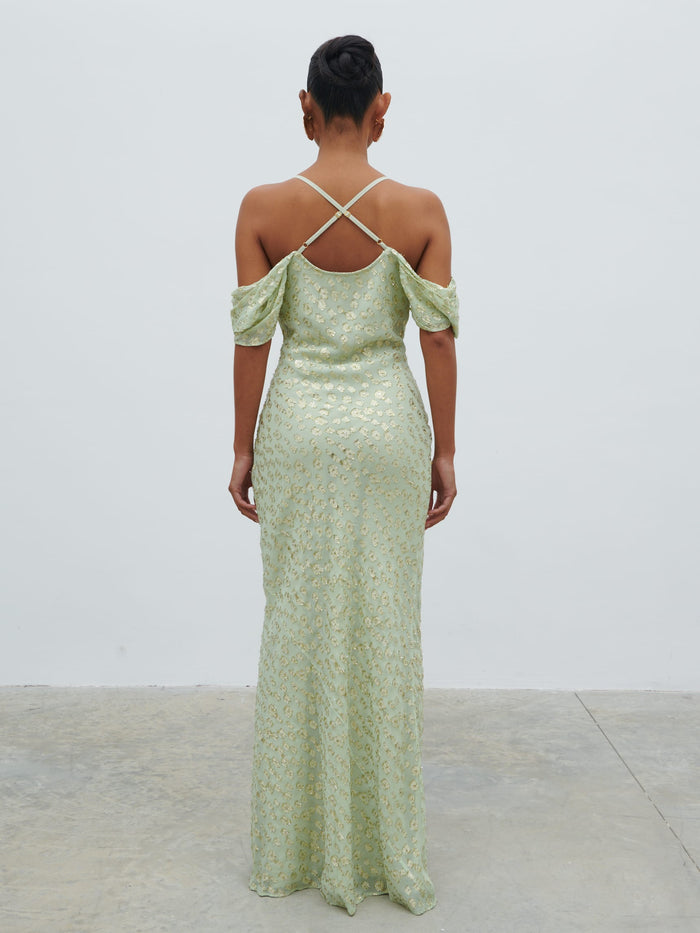 Elle Is 5'3" & Wears Size UK 6|Nia Draped Cold Shoulder Maxi Dress - Pistachio Metallic