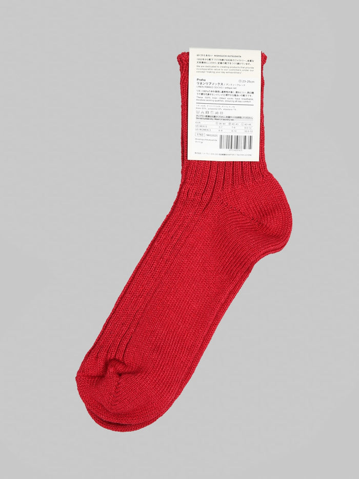 Nishiguchi Kutsushita Linen Ribbed Socks Antique Red japan made