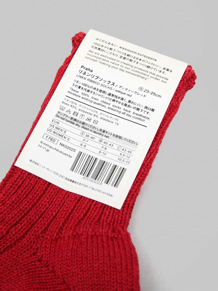 Nishiguchi Kutsushita Linen Ribbed Socks Antique Red composition