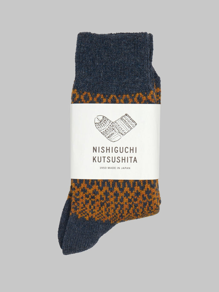 nishiguchi kutsushita wool jacquard socks navy orange