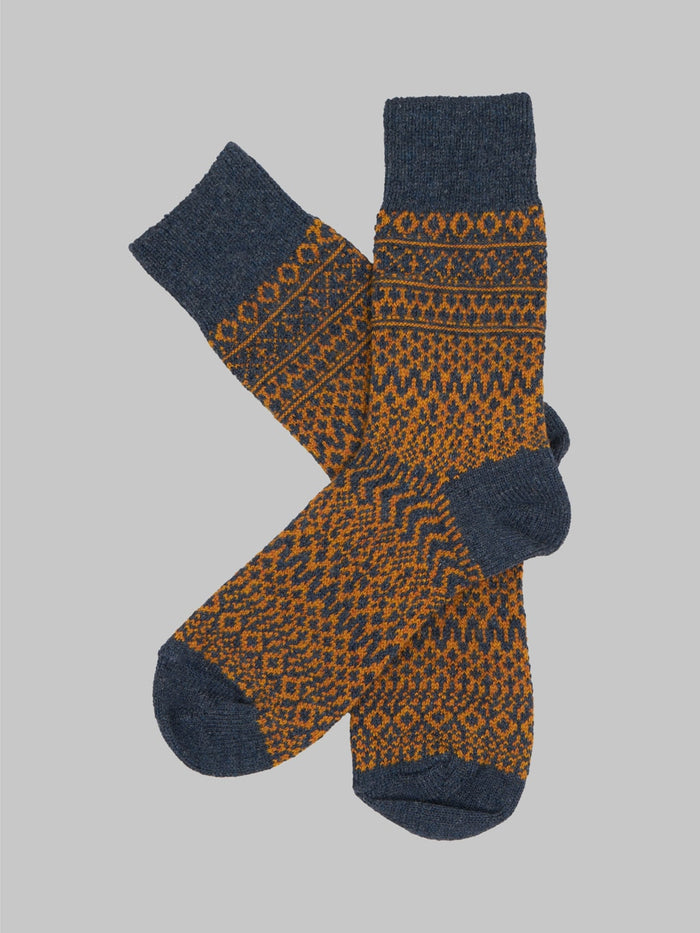 nishiguchi kutsushita wool jacquard socks navy orange japanese made