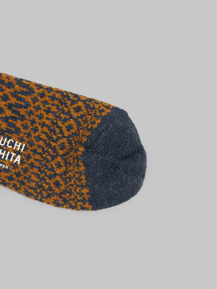 nishiguchi kutsushita wool jacquard socks navy orange toe