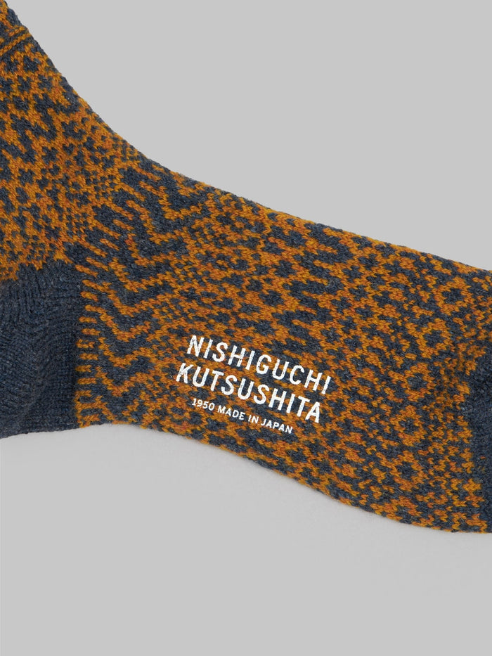 nishiguchi kutsushita wool jacquard socks navy orange stamped logo