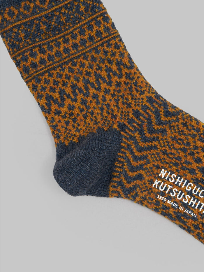nishiguchi kutsushita wool jacquard socks navy orange heel