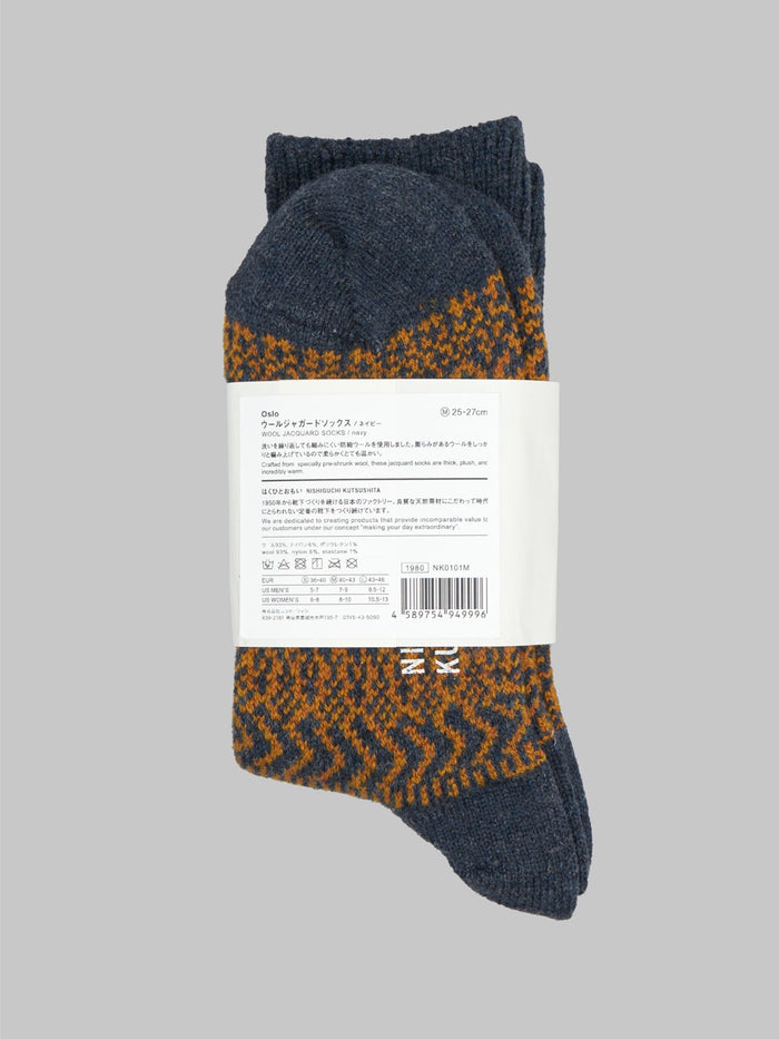 nishiguchi kutsushita wool jacquard socks navy orange composition