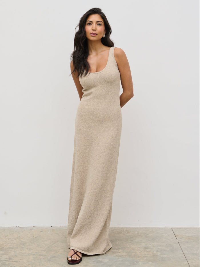 Lygia Is 5'9" & Wears Size UK S|Nora Boucle Knit Maxi Dress - Stone