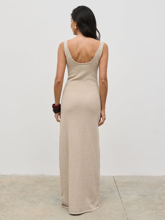 Lygia Is 5'9" & Wears Size UK S|Nora Boucle Knit Maxi Dress - Stone