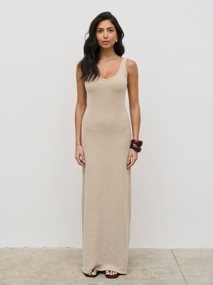 Lygia Is 5'9" & Wears Size UK S|Nora Boucle Knit Maxi Dress - Stone