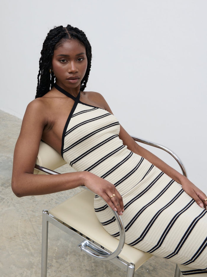 Shilloh Is 5'9" & Wears Size UK S|Octavia Contrast Stripe Knit Maxi Dress - Cream