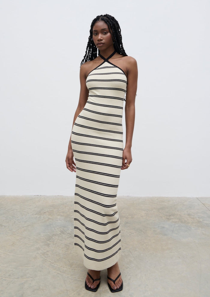 Shilloh Is 5'9" & Wears Size UK S|Octavia Contrast Stripe Knit Maxi Dress - Cream