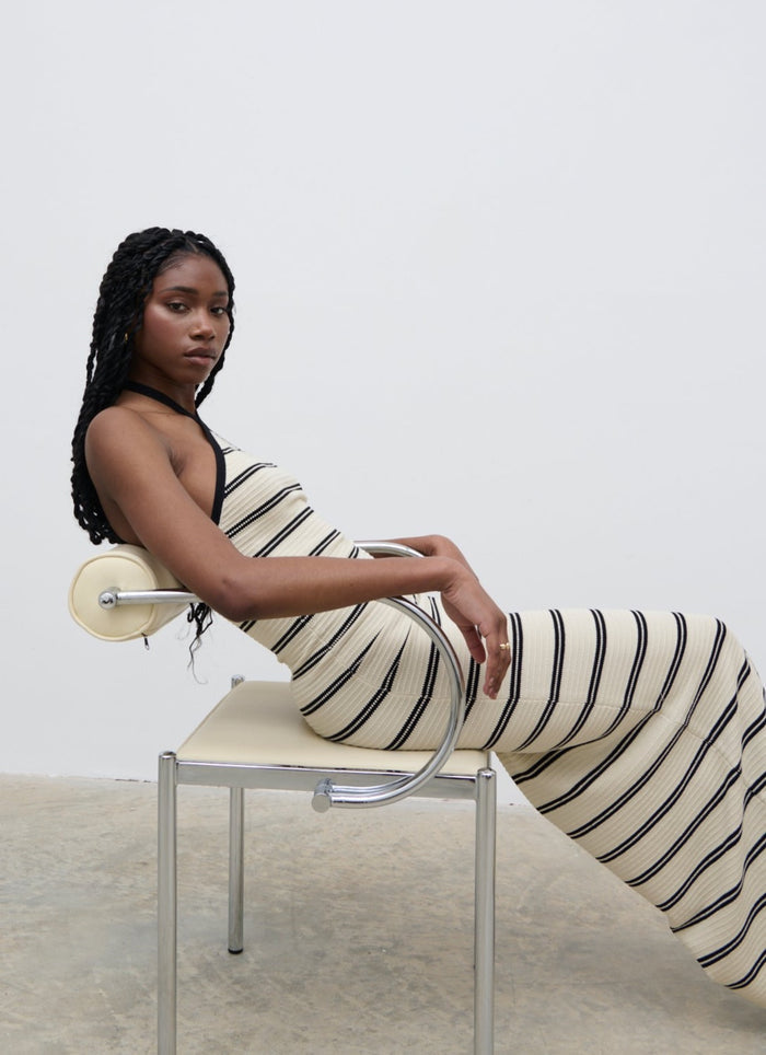 Shilloh Is 5'9" & Wears Size UK S|Octavia Contrast Stripe Knit Maxi Dress - Cream
