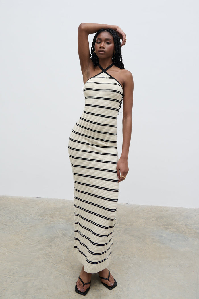 Shilloh Is 5'9" & Wears Size UK S|Octavia Contrast Stripe Knit Maxi Dress - Cream