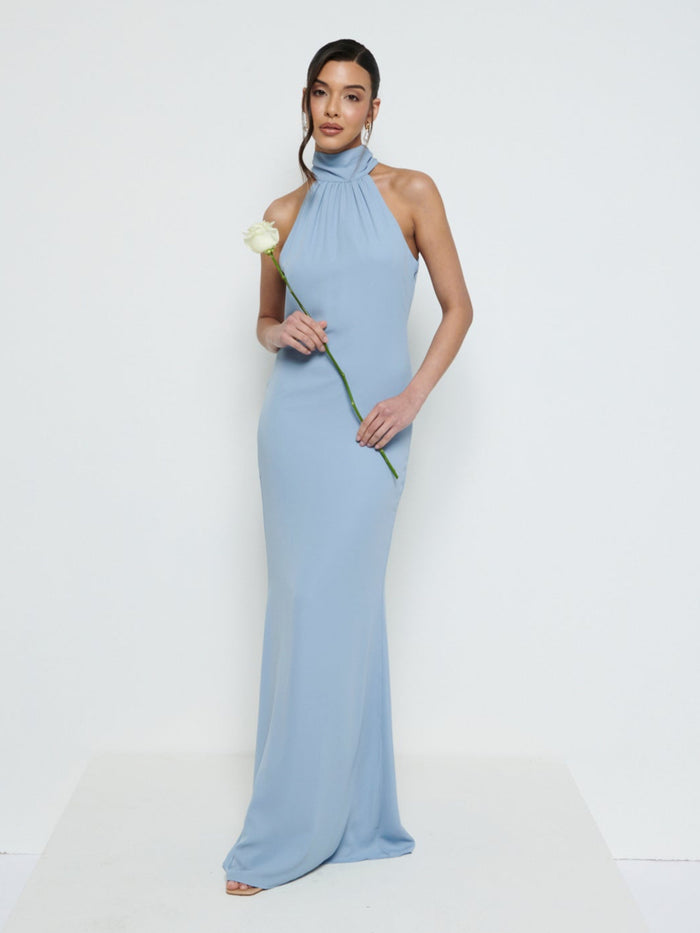 Marina Is 5'7.5" & Wears Size UK 8|Odelle Chiffon Maxi Bridesmaid Dress - Dusty Blue