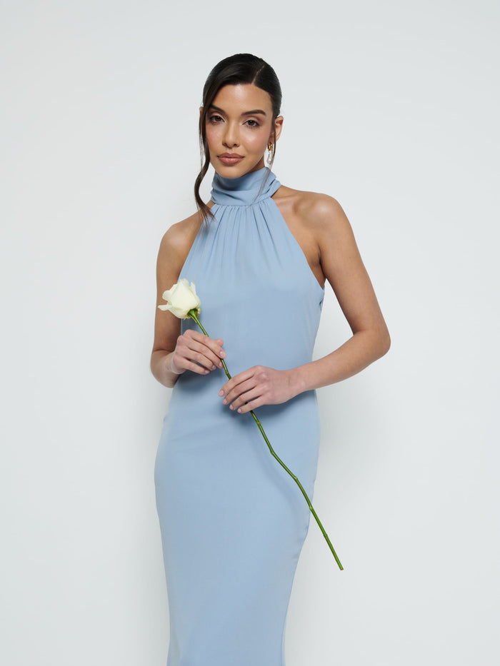 Marina Is 5'7.5" & Wears Size UK 8|Odelle Chiffon Maxi Bridesmaid Dress - Dusty Blue