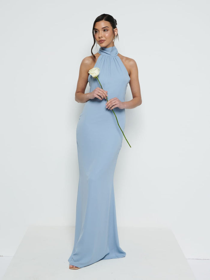 Marina Is 5'7.5" & Wears Size UK 8|Odelle Chiffon Maxi Bridesmaid Dress - Dusty Blue