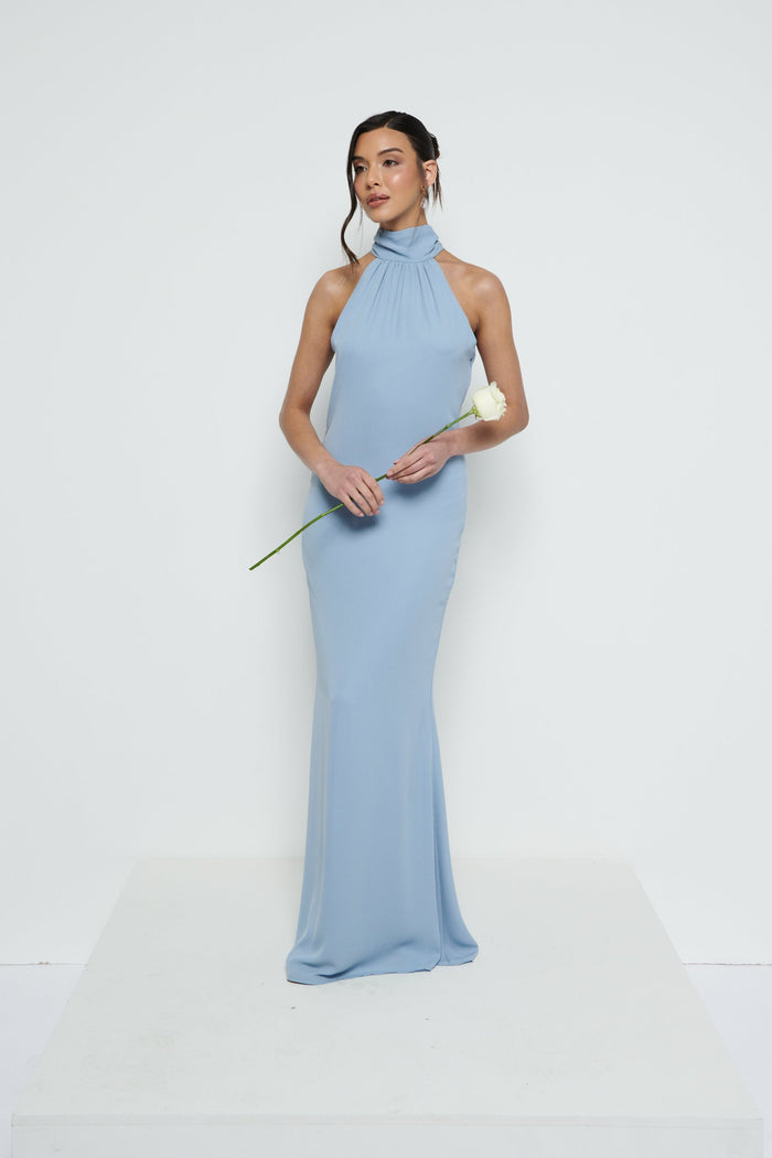 Marina Is 5'7.5" & Wears Size UK 8|Odelle Chiffon Maxi Bridesmaid Dress - Dusty Blue
