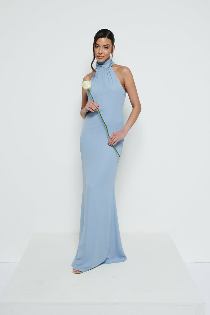 Marina Is 5'7.5" & Wears Size UK 8|Odelle Chiffon Maxi Bridesmaid Dress - Dusty Blue