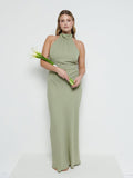 Theo Is 5'8.5" & Wears Size UK 12|Odelle Chiffon Maxi Bridesmaid Dress - Olive