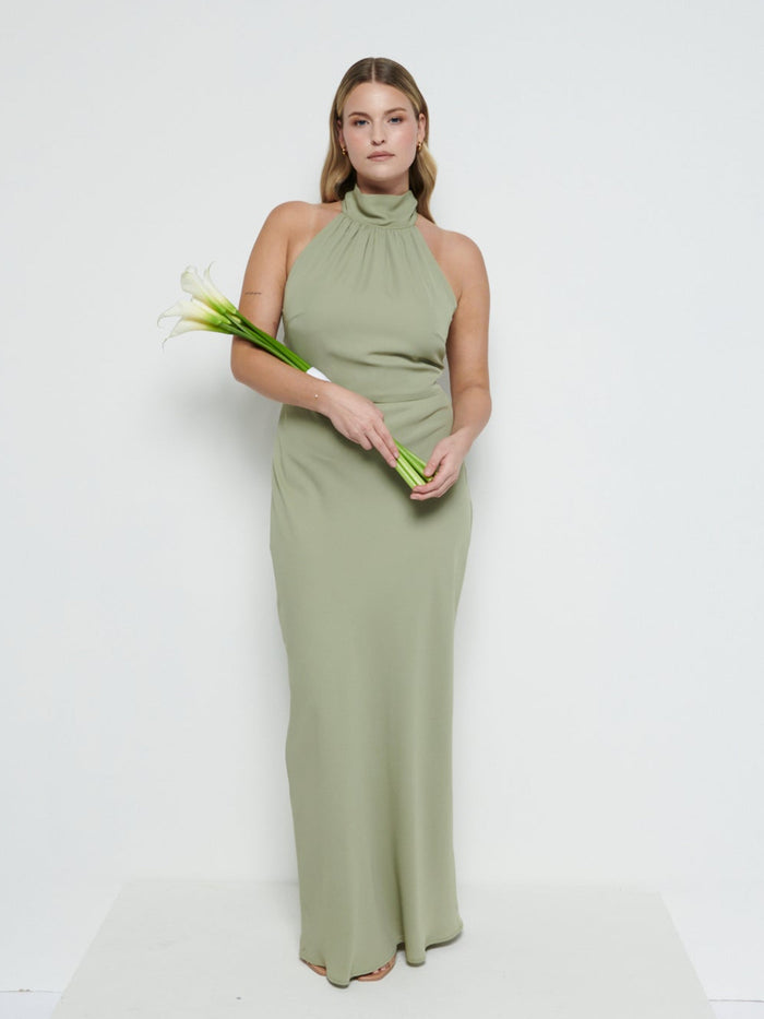 Theo Is 5'8.5" & Wears Size UK 12|Odelle Chiffon Maxi Bridesmaid Dress - Olive