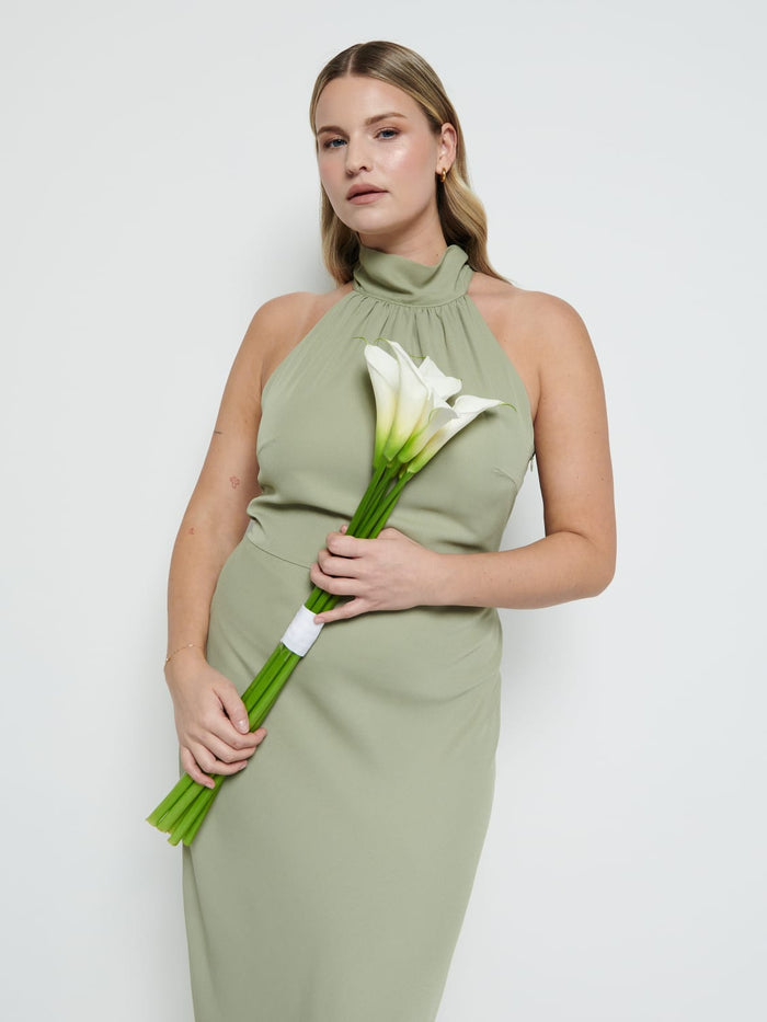 Theo Is 5'8.5" & Wears Size UK 12|Odelle Chiffon Maxi Bridesmaid Dress - Olive