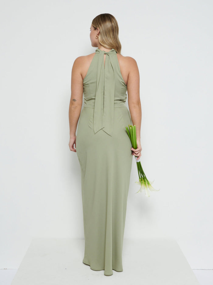 Theo Is 5'8.5" & Wears Size UK 12|Odelle Chiffon Maxi Bridesmaid Dress - Olive