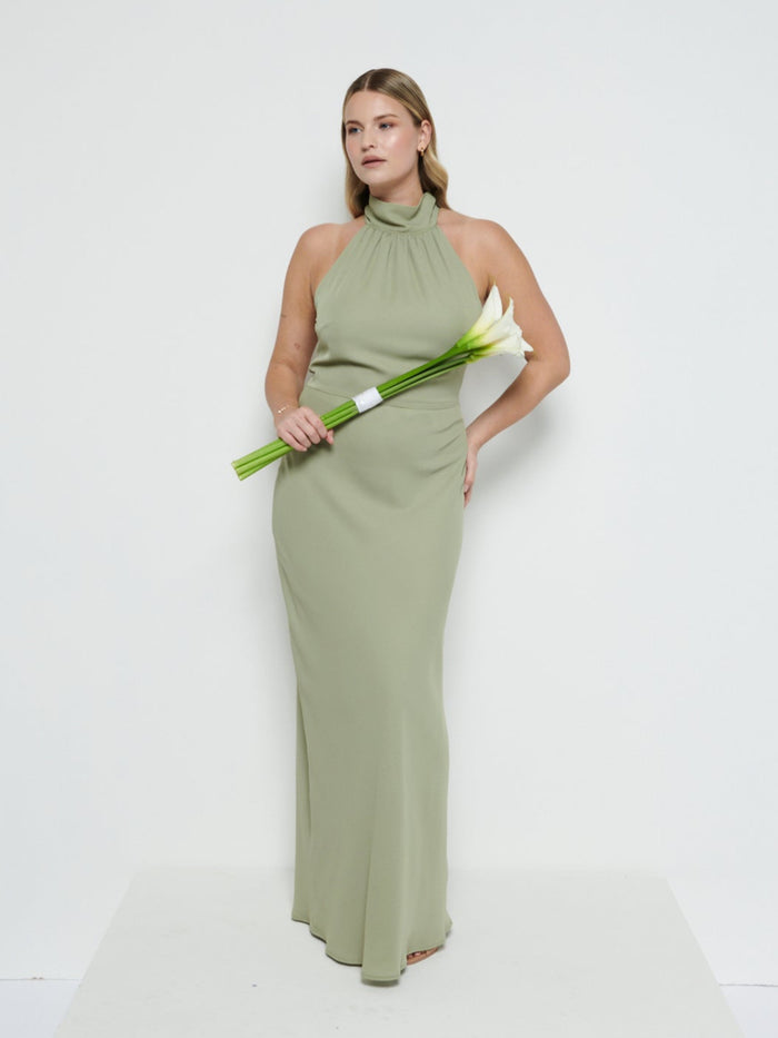 Theo Is 5'8.5" & Wears Size UK 12|Odelle Chiffon Maxi Bridesmaid Dress - Olive