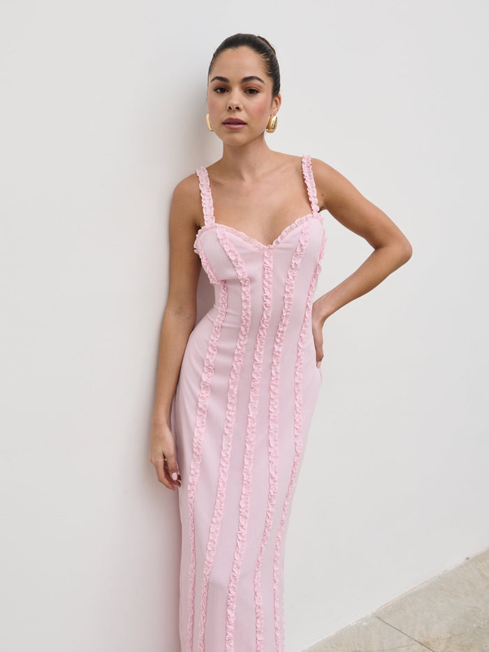 Elissa Is 5'8.5" & Wears Size UK 6|Ola Sweetheart Frill Maxi Dress - Peony Pink
